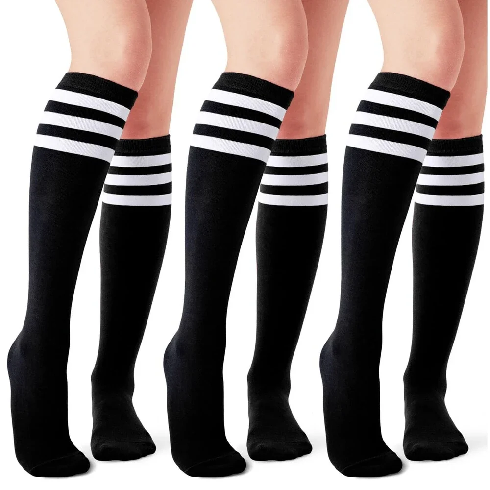 Joulli Women's Black Knee High Athletic Socks Stripe Tube Outdoor 3 PAIRS BW